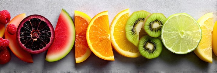 Poster - Fruit Slices Arranged in a Vibrant, Colorful Display Exuding Cheerful Energy With Wellness Sparks During a Sunny Afternoon