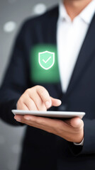 Fototapete - Businessman using tablet with security icon, emphasizing digital protection and trust in technology, showcasing modern cybersecurity concept