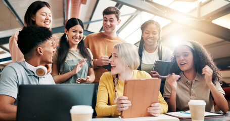 Aufkleber - Students, friends and tablet with university, excited and email with exam results, pride and celebration. Group, college and people in library, tech and feedback with scholarship and funding approval