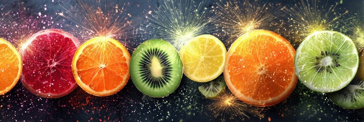 Poster - Fruit Slices Bursting With Cheerful Energy and Wellness Sparks in a Dynamic Display of Color and Vitality