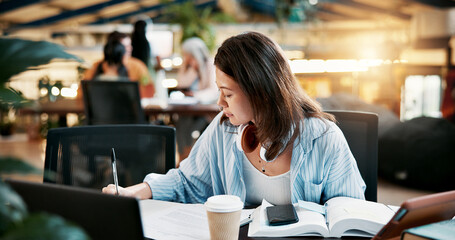 Leinwandbilder - University, education and woman writing notes for assignment, research project and thesis in library. Book, college and serious student study for exam, learning and test preparation for scholarship