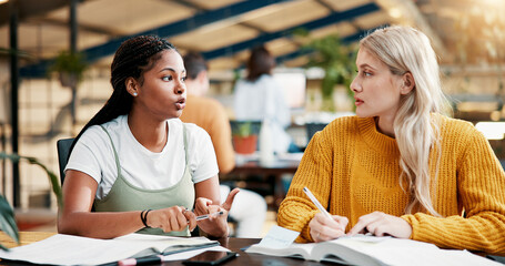 Aufkleber - College, teamwork and women in library with books, project and discussion for assignment together. Knowledge, learning and people studying with education for exam, scholarship and university test