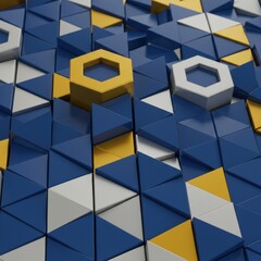 Poster - Abstract Geometric Pattern with Hexagons and Triangles in Blue, Gold, and Silver Hues