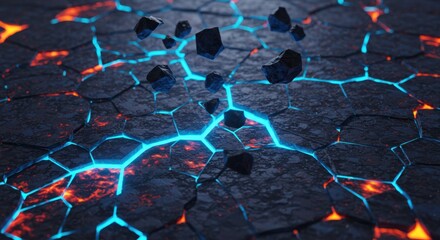 Poster - Abstract Glowing Cracked Surface with Falling Rocks Neon Blue and Orange Hues Digital Art 3D Render