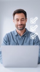 Poster - Smiling man working on laptop with checklist icons in background, representing productivity and organization in a modern workspace, work-life balance concept