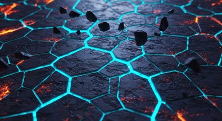 Poster - Abstract Glowing Cracked Surface with Falling Rocks Futuristic Digital Art