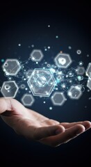 Poster - Futuristic Technology Hexagon Interface in Hand: Digital Innovation and Data Visualization