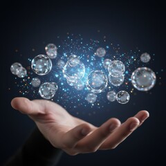 Poster - Innovative Technology Hand Holding Futuristic Holographic Network Spheres Glowing Blue Light Abstract Digital Data
