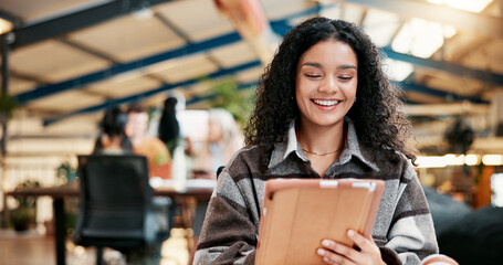 Aufkleber - College, smile or woman on tablet in library for online, project or course for assignment information. Knowledge, learning or happy student studying for education, academy research or university test