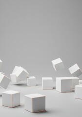 Poster - Abstract Minimalist Composition: Floating White Cubes on Grey Background. Modern Geometric Art Design with Subtle Peach Accents