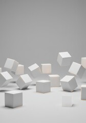 Poster - Abstract Minimalist Composition of White Cubes Floating on a Grey Background: A Study in Form and Space