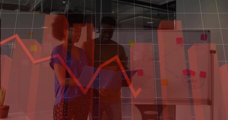 Poster - Two professionals reviewing blue folder in business meeting with sticky notes and red data overlay