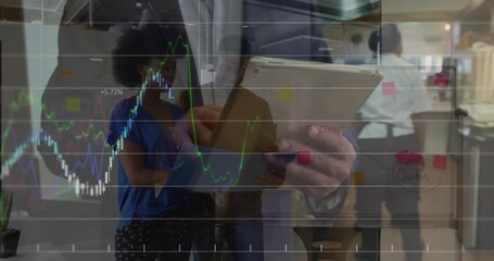 Poster - Professionals collaborating by whiteboard in modern office, displaying floating finance graphs