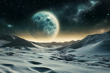a breathtaking celestial landscape of a distant icy moon.