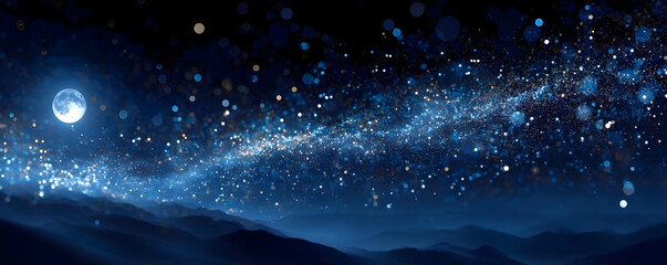 Wall Mural - dark blue night sky with glittering stars and moon bokeh , glitter, dark skies, sparkles