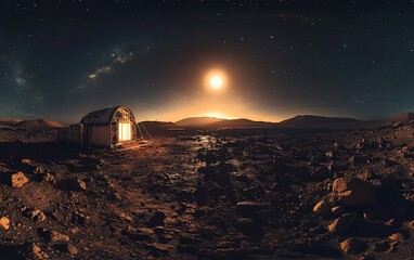 Wall Mural - habitation structure on alien landscape, sun shining in the background