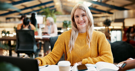 Fototapete - Books, portrait and student woman in library of college campus for learning or study. Education, scholarship and tablet with happy person at university for assignment, development or research
