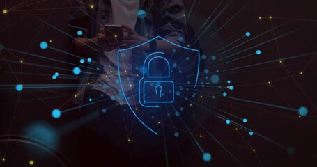 Poster - Man holding smartphone showcasing cybersecurity with glowing neon padlock shield and network nodes
