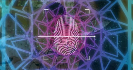 Poster - security analyst monitoring biometric interface with fingerprint and glowing network overlay