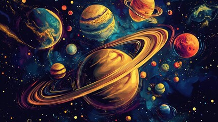 Wall Mural - colorful planets float in a vast, starlit expanse. galaxies swirl, creating a vibrant cosmic scene