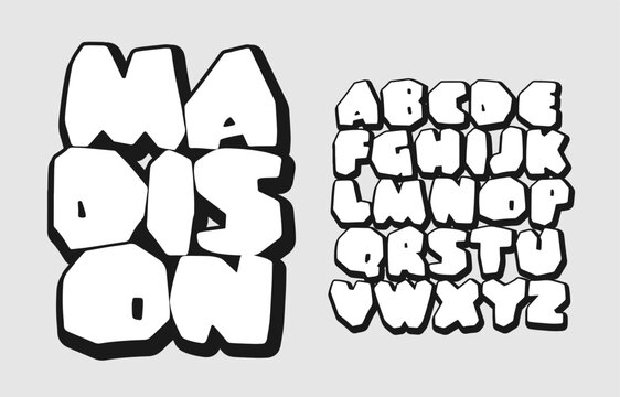 Cartoon stone alphabet font in simple black and white style, perfect for games and playful design projects
