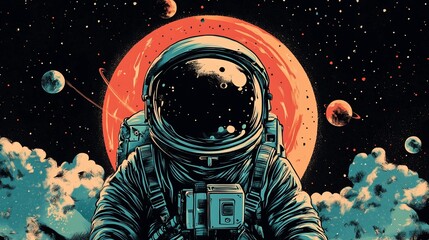 Wall Mural - a lone astronaut, surrounded by planets, stares out into the inky, starry void
