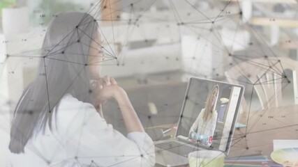 Poster - Woman joining remote business call in home office, showing network node overlay connecting devices