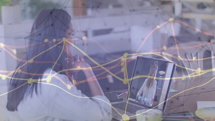 Poster - woman sitting at desk, joining technology meeting on laptop, with network data lines floating