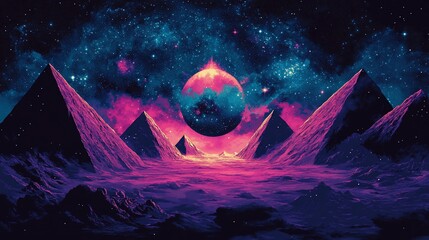Wall Mural - vibrant space landscape with pyramids, planet, nebula, and mysterious land in pink and blue hues
