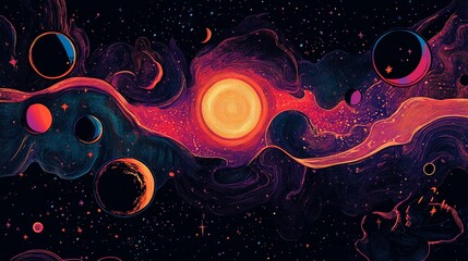 Wall Mural - cosmic expanse vivid nebulae, vibrant orbs, and a radiant sun against a starlit backdrop