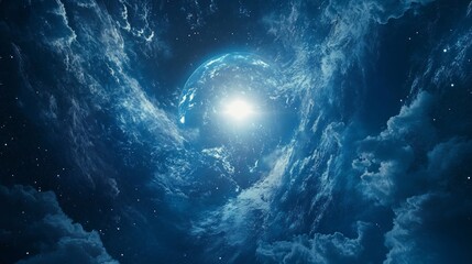 Wall Mural - cosmic scene, portal through clouds, bright light and stars