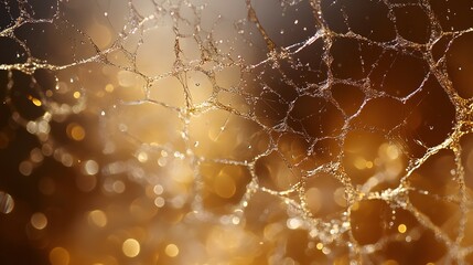Delicate spiderweb structure, glistening with water droplets, bathed in warm golden light.