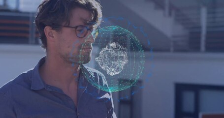 Poster - man exploring data visualization on rooftop, using holographic network sphere for technology