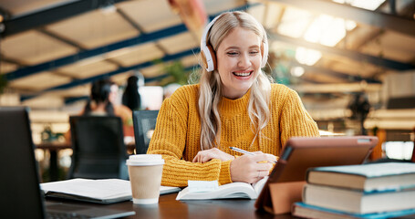 Aufkleber - Headphones, tablet and woman study in library for reading textbook, knowledge or college research. Music, university and happy student elearning, education or watch online class for test preparation