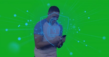 Poster - man holding smartphone against green backdrop displaying animated security shield with padlock icon