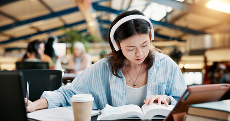 Aufkleber - Headphones, reading book and woman learning in university for knowledge, research or listening to audio. Writing notes, college and serious student study for exam, education or technology for music