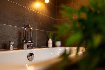 Poster - Elegant bathroom features a sparkling bathtub at center, with lush greenery enhancing the relaxing vibe, perfect for unwinding in soft lighting