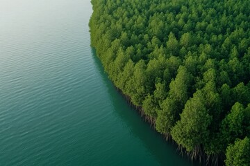 Poster - Aerial view captures a lush mangrove forest by serene blue water, emphasizing the crucial root systems integral to coastal ecosystem conservation