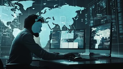 Man Working on Computer with Multiple Screens in Office