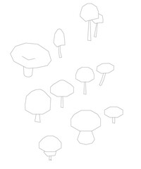 Poster - A drawing of Mushrooms in various shapes and sizes. The Mushrooms are all different and some are taller than others. Isometric view