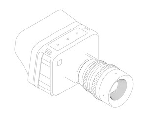 Poster - A camera with a lens and a strap. The camera is black and white. The camera is a small device. Isometric view