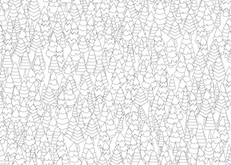 Poster - A black and white image of Fir trees with a white background. The trees are scattered all over the image, with some overlapping each other. The image has a sense of chaos and disorder. Isometric view