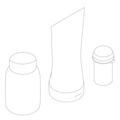 Poster - Three bottles of different sizes are shown in a white background. The bottles are placed in a row, with the largest one on the left and the smallest one on the right. Isometric view