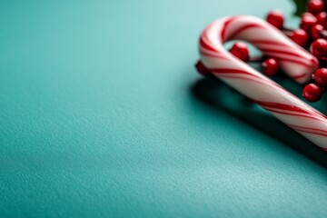 Aufkleber - Candy cane rests elegantly on a sprig of holly with red berries, set against a soft pastel green background, creating a joyful holiday atmosphere