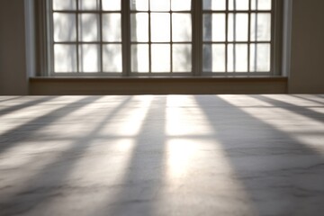 Aufkleber - Luxurious white marble table with subtle gray veining is illuminated by natural light, creating elegant shadows against a smooth white wall, perfect for product displays