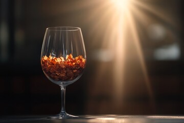 Poster - A wine glass showcases a tiny autumn landscape with falling leaves and miniature trees, warmly lit to create a captivating seasonal display against shadows
