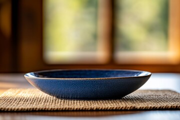 Leinwandbilder - Deep blue ceramic plate placed elegantly on a woven placemat creates an inviting atmosphere for dining, with soft focus enhancing the cozy surroundings