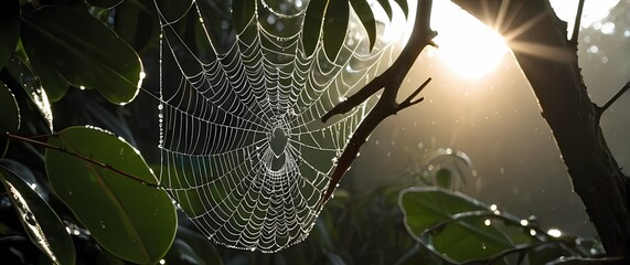 Wall Mural - Spider web shining with early morning dew droplets stretched between tropical tree branches in soft light