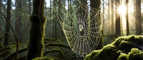 Wall Mural - Spider web laden with glistening dew drops stretched across mossy forest branches in tranquil morning light