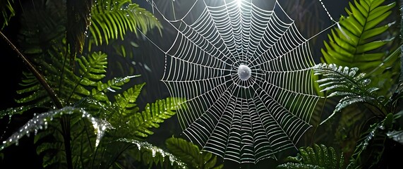Wall Mural - Spider web adorned with sparkling dew suspended amid tropical ferns in early morning light